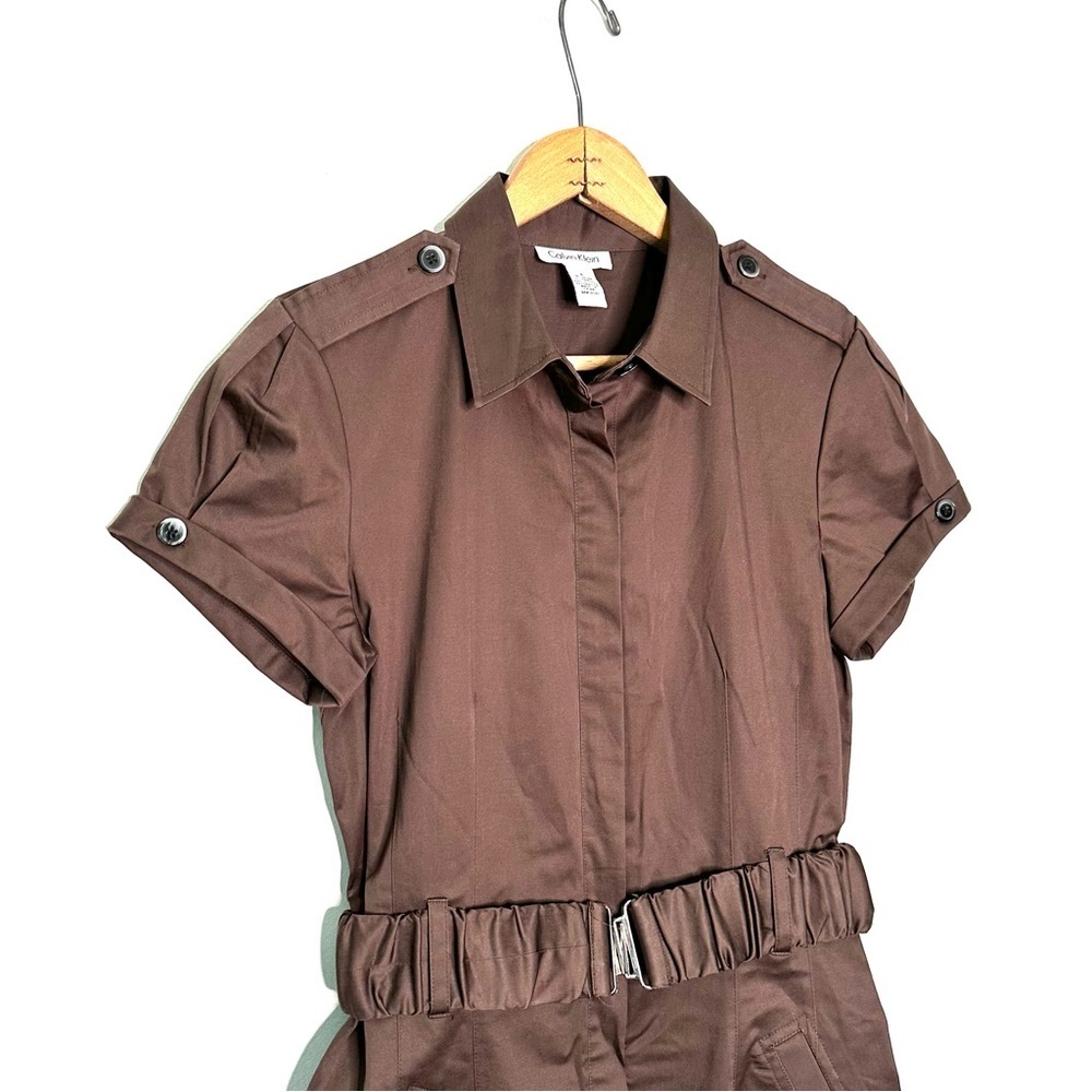 Calvin Klein | Brown Short Sleeve Belted Hidden Button Down Dress Size 4 - Picture 2 of 5